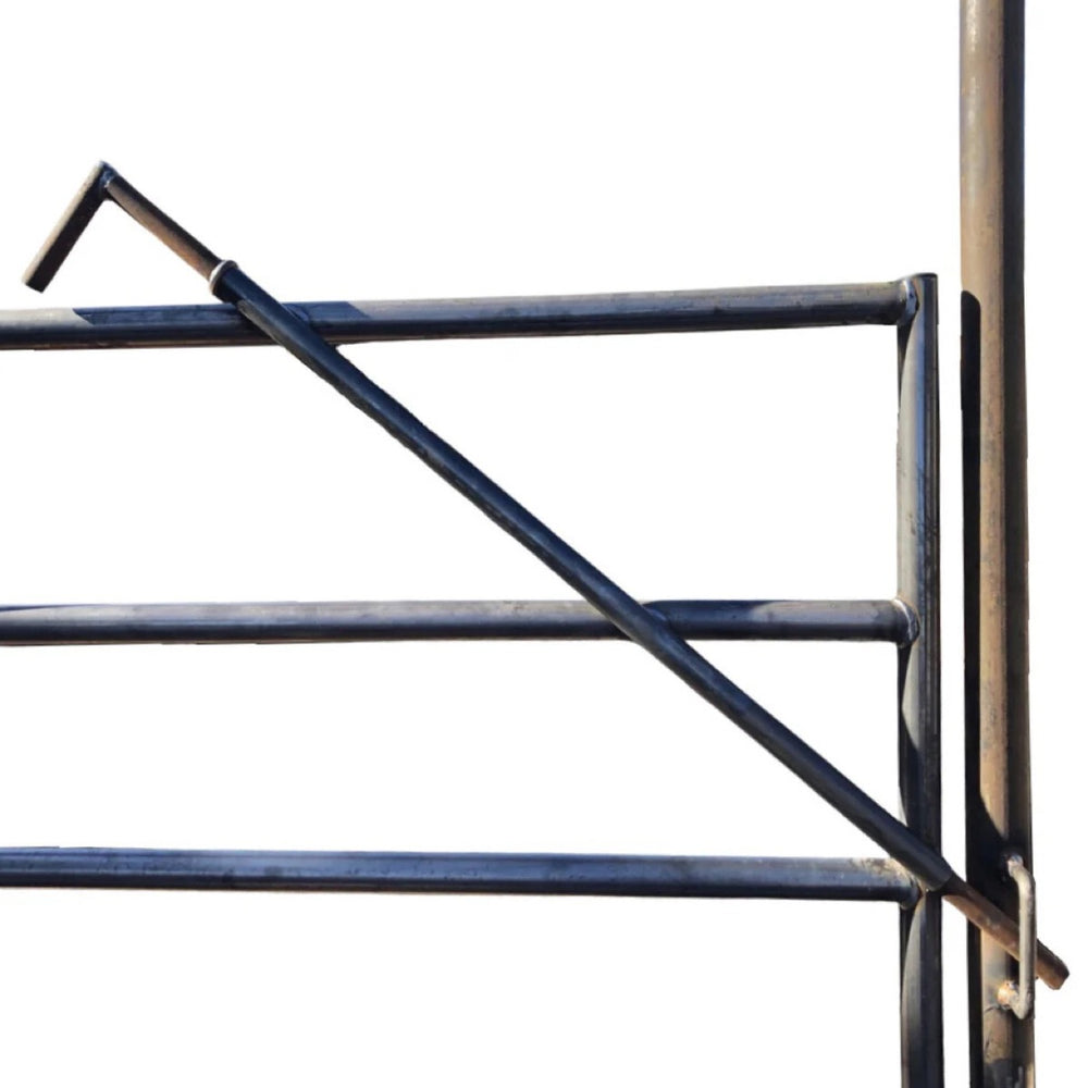 Metal livestock gate with adjustable cowboy gate latch.