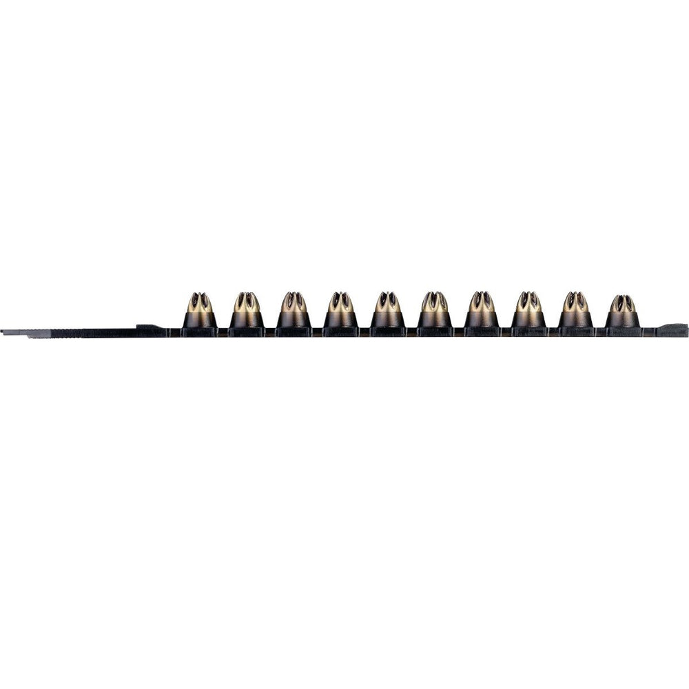 Set of metal cartridges in black plastic on a white background