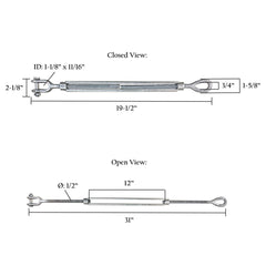 1/2" x 12" Turnbuckles – Jaw & Eye or Jaw & Jaw
