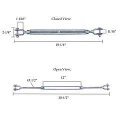 1/2" x 12" Turnbuckles – Jaw & Eye or Jaw & Jaw