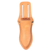 Leather knife sheath with 'American Tradesman' branding on a white background