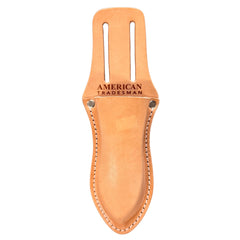 Leather knife sheath with 'American Tradesman' branding on a white background