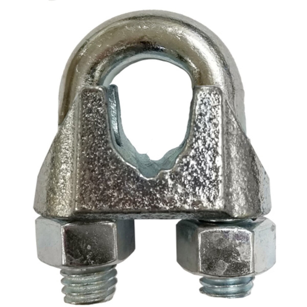 Metal wire rope clip with two bolts on a white background