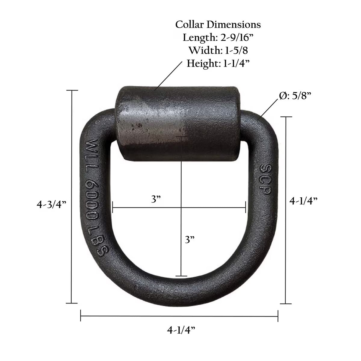 Measurement chart of a black metal collar with dimensions labeled.