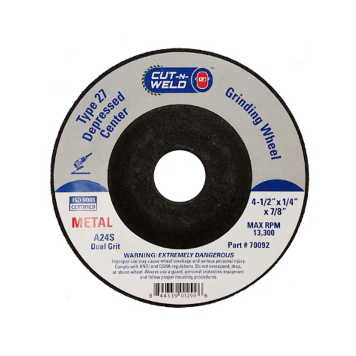 T27 Dep. Center Grinding Wheel With Duel Grit 4.5" X 1/4 X 7/8"
