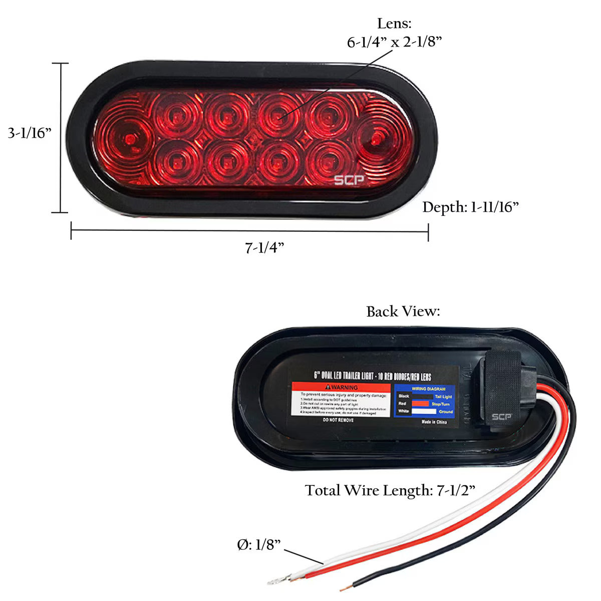 Trailer Light-6" Oval Stop/Turn/Tail Light-Dark Red Lens-Grommet & Plug