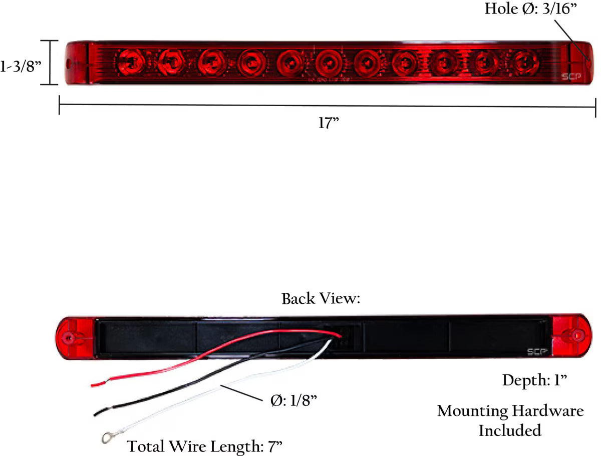 Trailer Light Bar-17" Stop/Turn/Tail Light-Red Lens/11 Red LEDs
