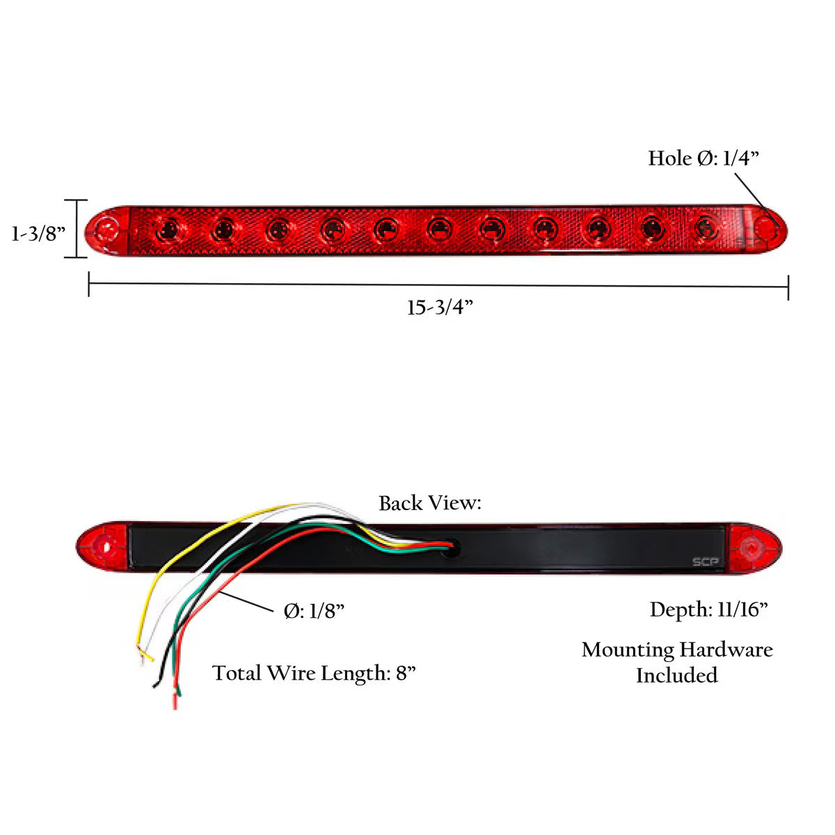 Trailer Light Bar-16" Multi-Function-11 superflux Red LEDs-Slim Line/Light Only