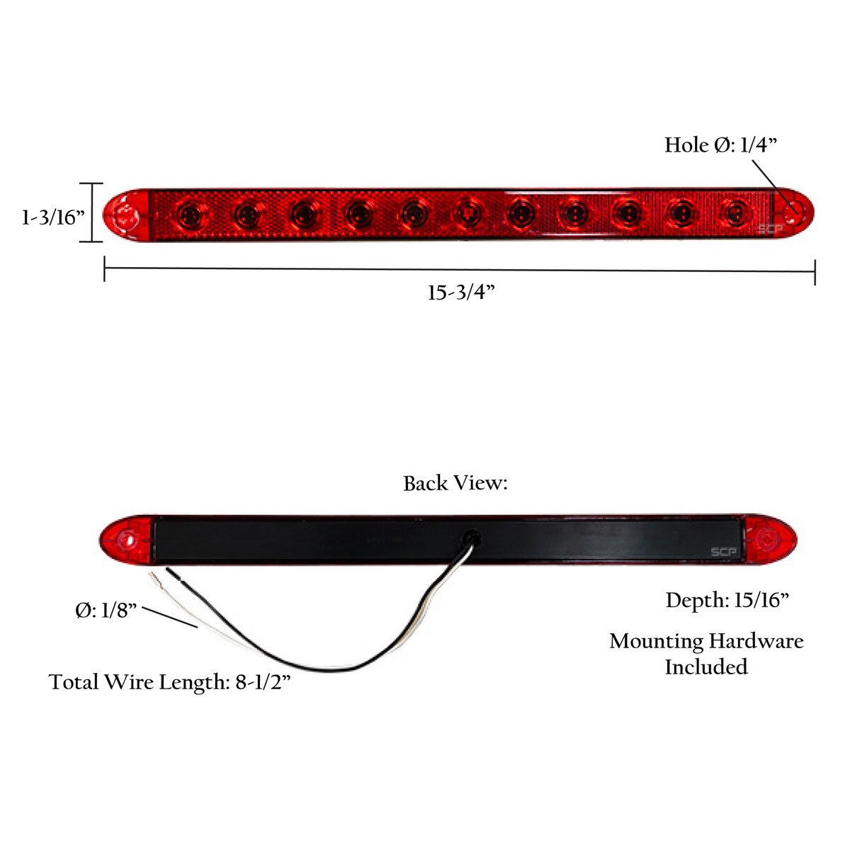 Trailer Light Bar-16" Marker Light-Red Lens/3 Superflux Red LEDs-Slim Line
