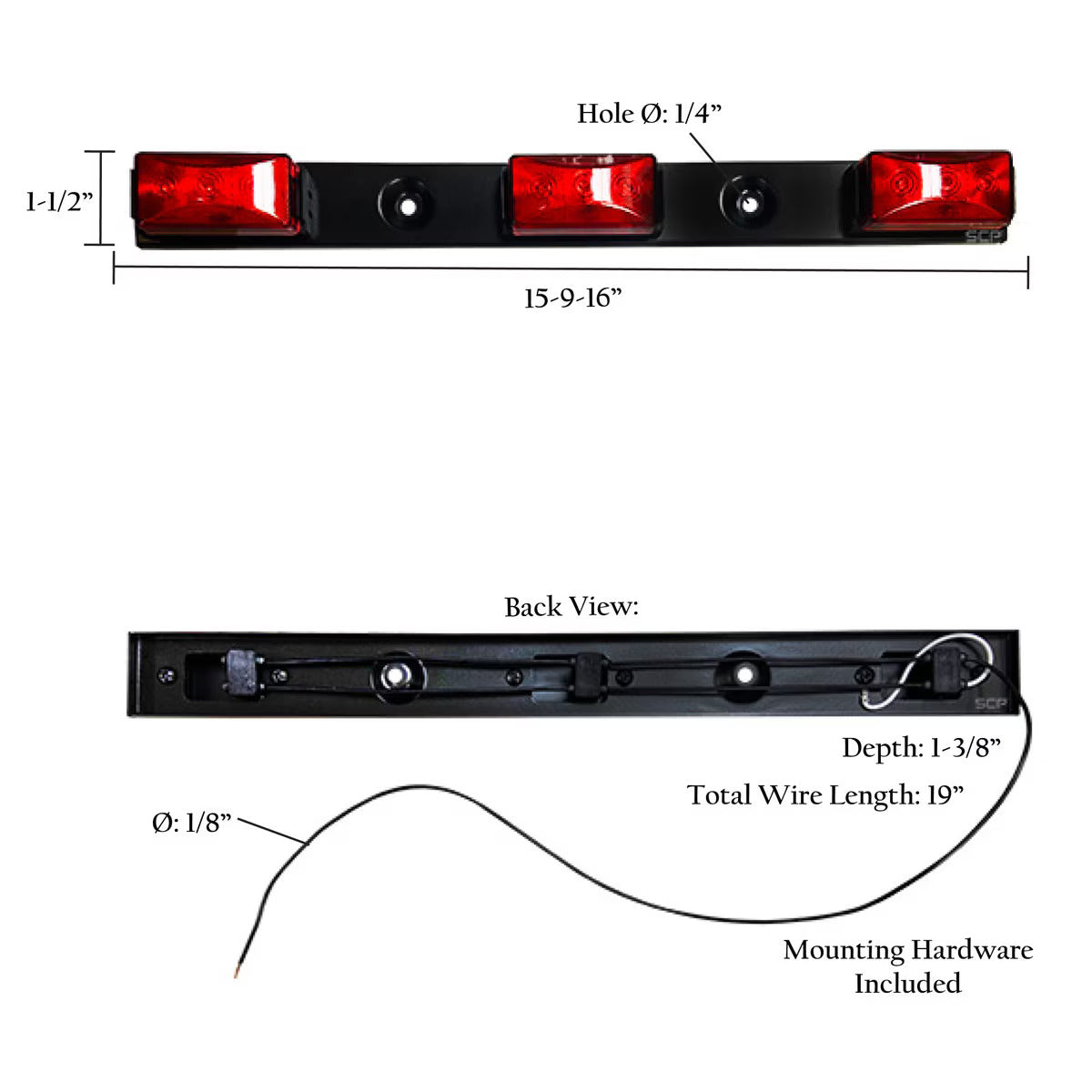 Trailer Light Bar-3 Light/Red Lens/LED-Metal Base