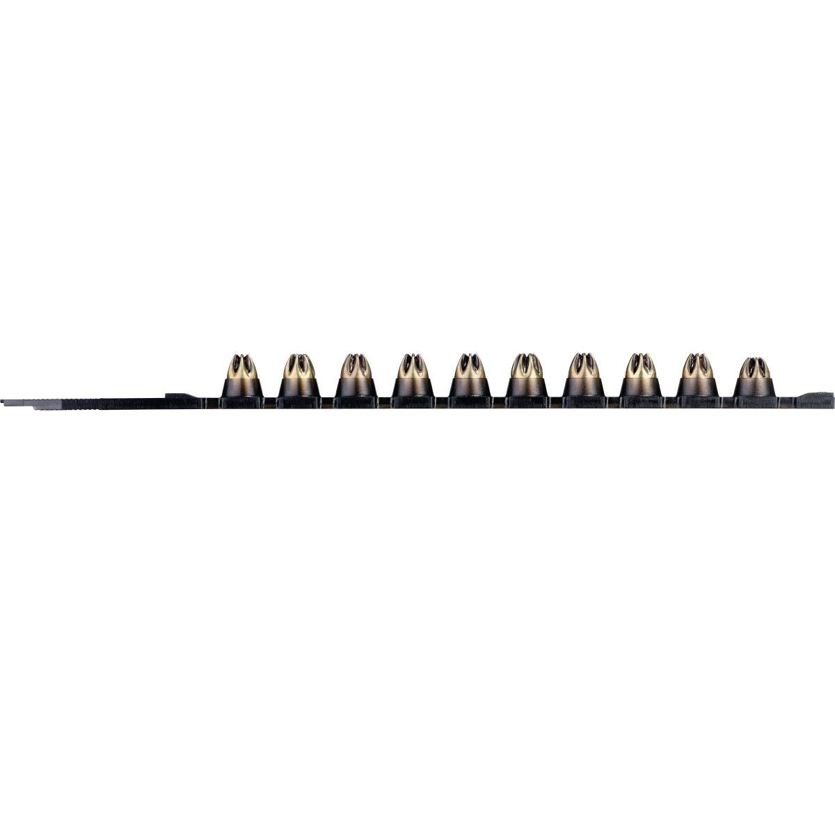 Set of metal cartridges in black plastic on a white background