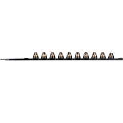 Set of metal cartridges in black plastic on a white background