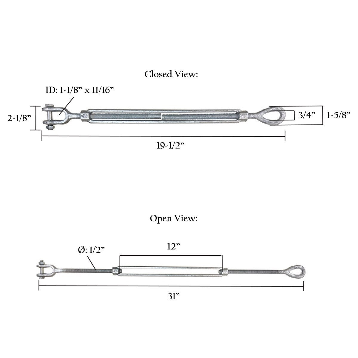 1/2" x 12" Turnbuckles – Jaw & Eye or Jaw & Jaw