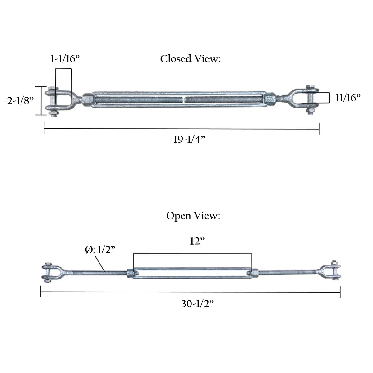 1/2" x 12" Turnbuckles – Jaw & Eye or Jaw & Jaw