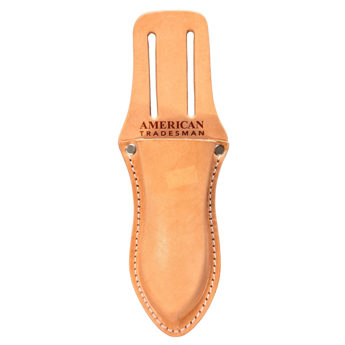 Leather knife sheath with 'American Tradesman' branding on a white background
