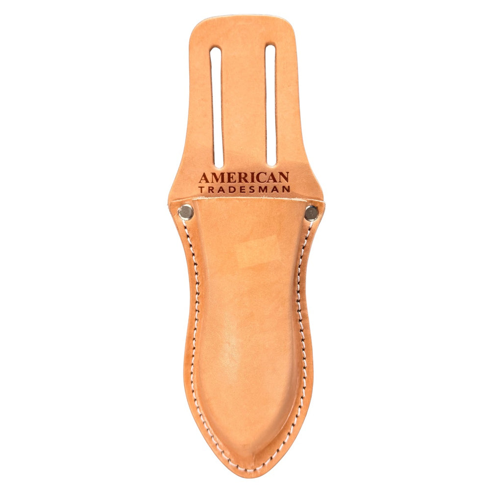 Leather knife sheath with 'American Tradesman' branding on a white background