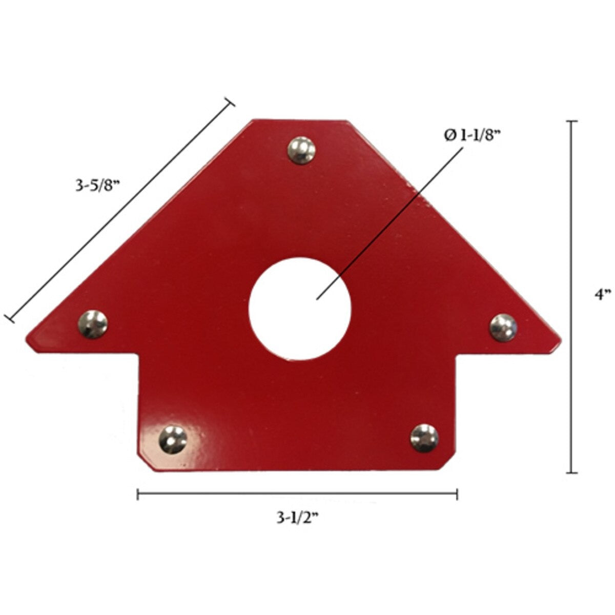 Red metal bracket with dimensions labeled on a white background