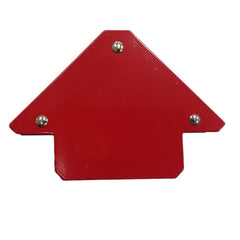 Red triangular object with silver screws on a white background